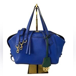 Tory Burch Perry Pebbled Leather Satchel Blue Green Gold Hardware